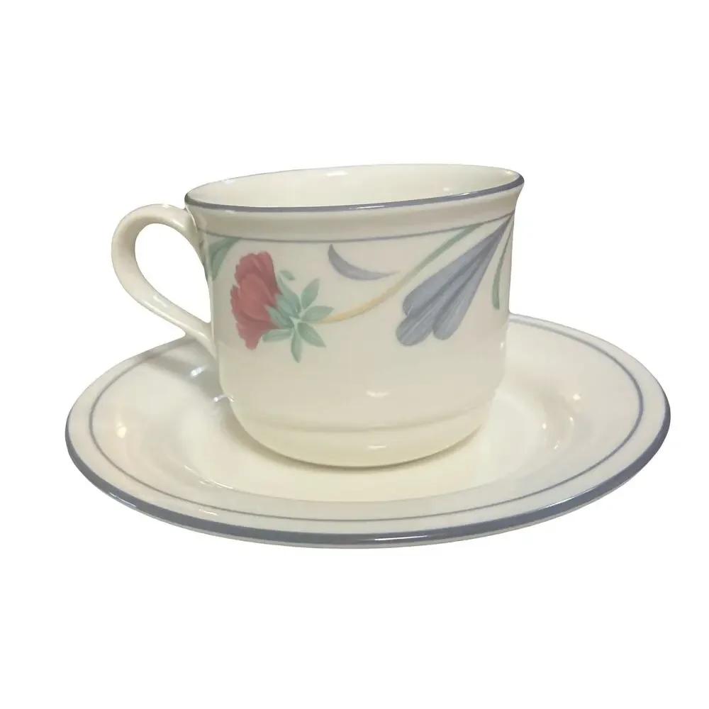 Lenox Poppies on Blue Flat Cup & Saucer Set Floral Blue Discontinued USA/France